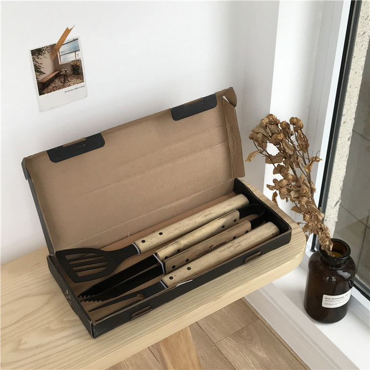 3 Piece BBQ Grill Tool Set Stainless Steel Wood Handle