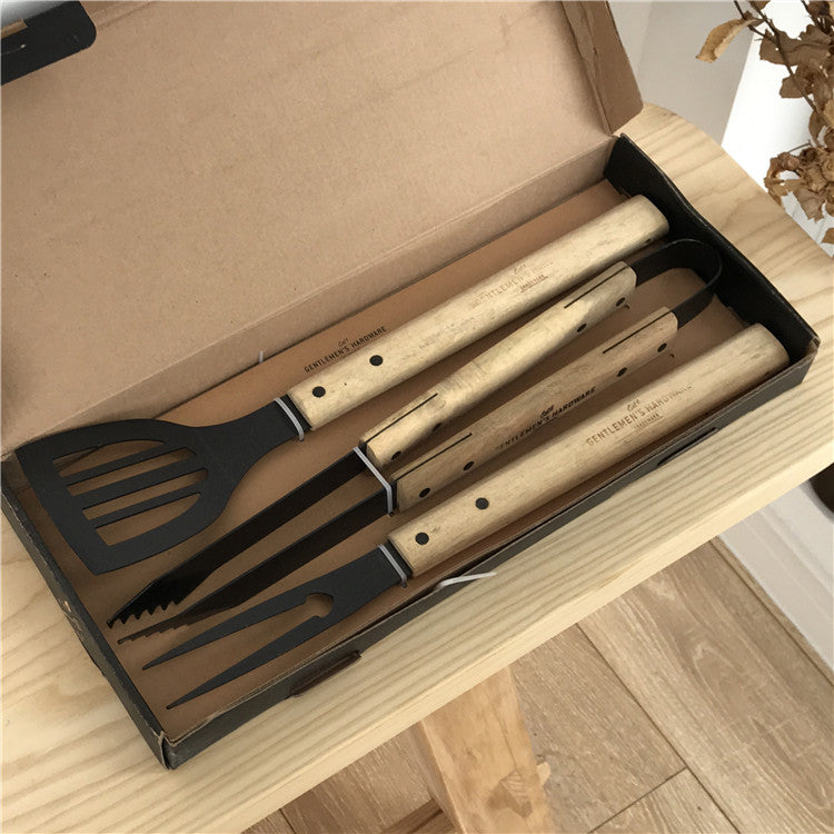 3 Piece BBQ Grill Tool Set Stainless Steel Wood Handle