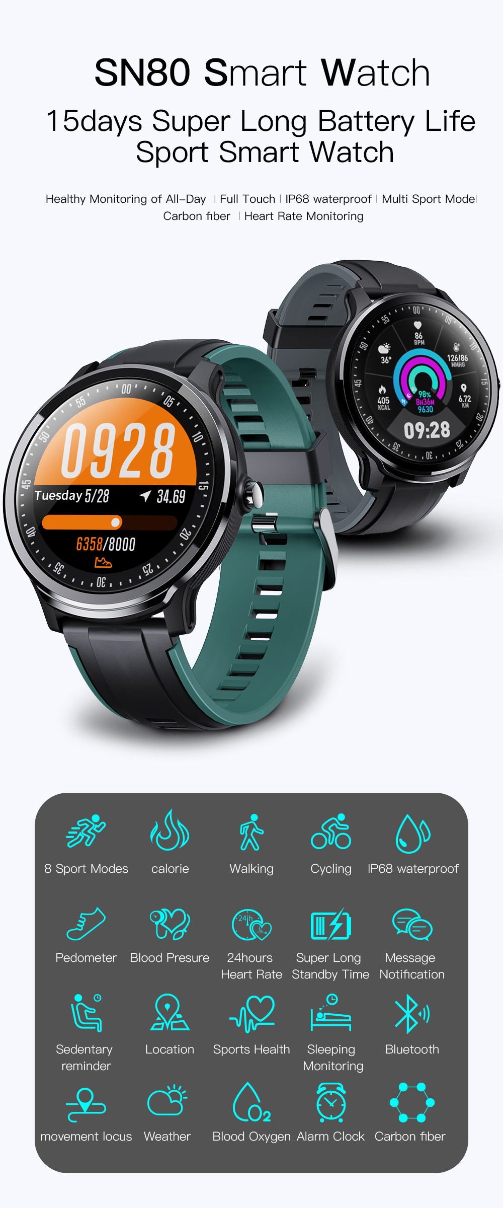 SN80 Smart Fitness Tracker Fashion Watch