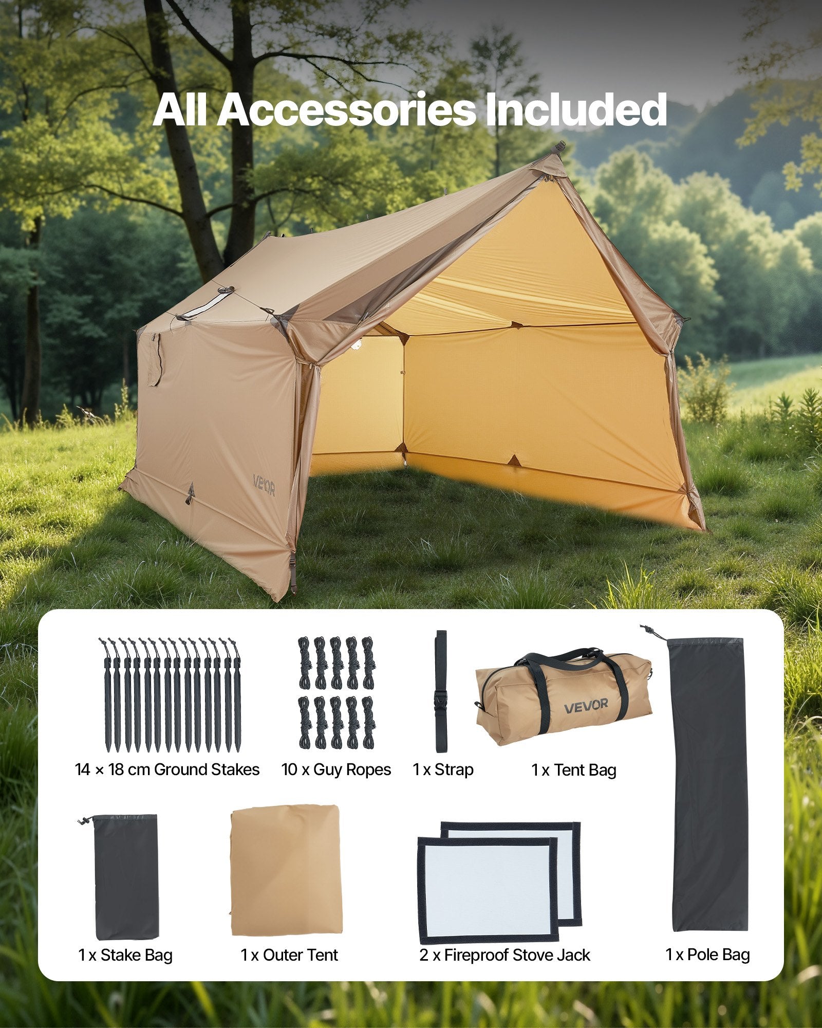 Lightweight Waterproof Cabin Hot Tent 2 Person Stove Jack