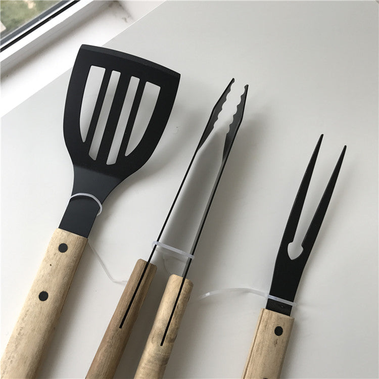 3 Piece BBQ Grill Tool Set Stainless Steel Wood Handle