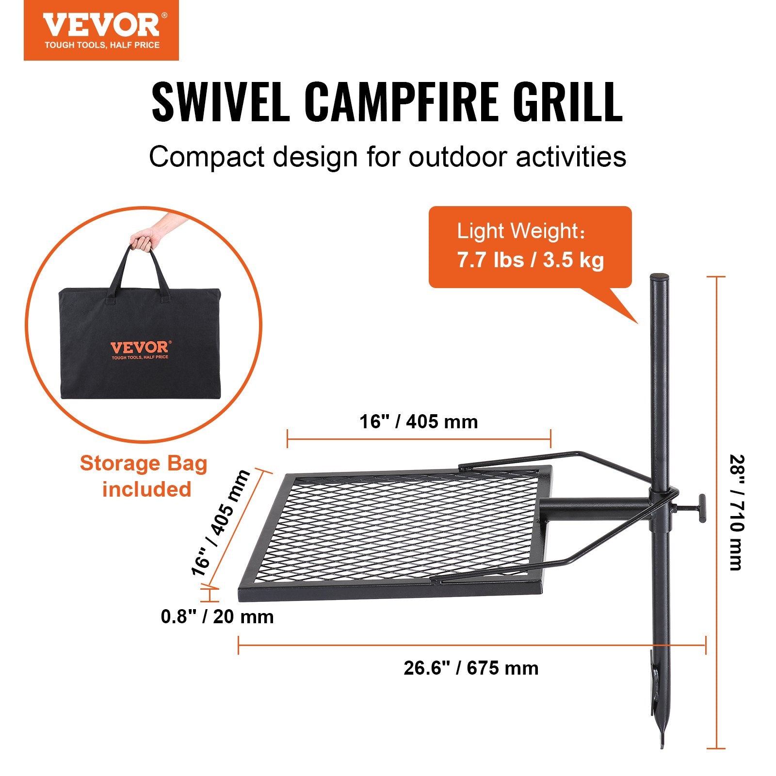 VEVOR Swivel Campfire Grill Heavy Duty Steel BBQ Rack