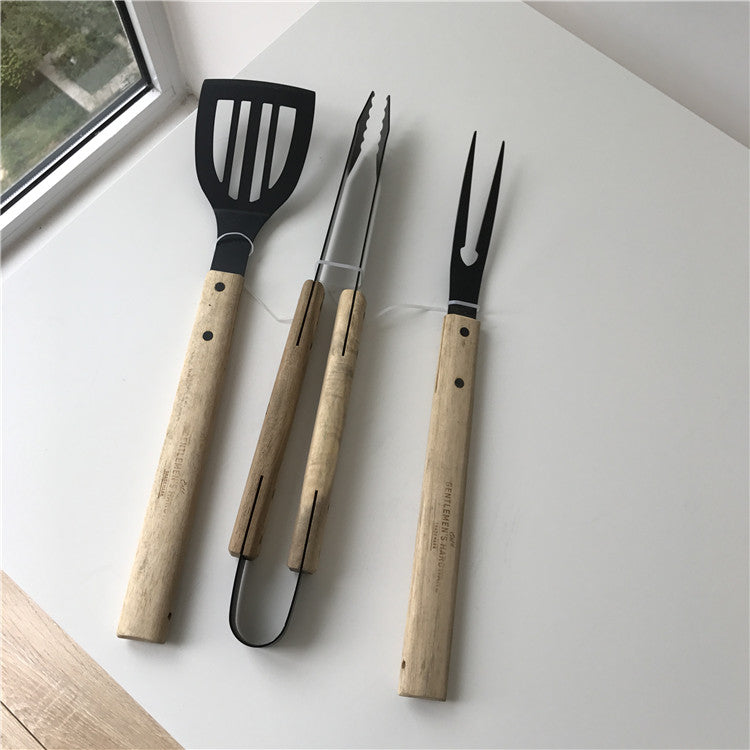 3 Piece BBQ Grill Tool Set Stainless Steel Wood Handle